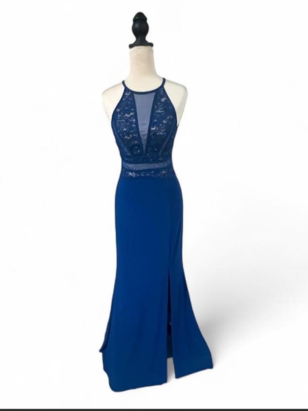 Morgan & Co. Royal Blue Halter Lace Prom Gown